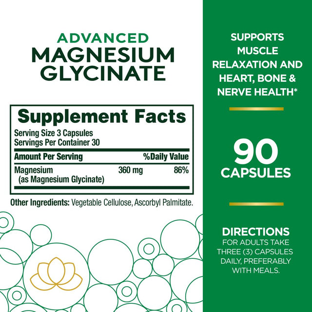 Nature’S Bounty Advanced Magnesium Glycinate Supplement, Heart, Nerves, Muscle & Bone Health Support, 360Mg, 90 Ct