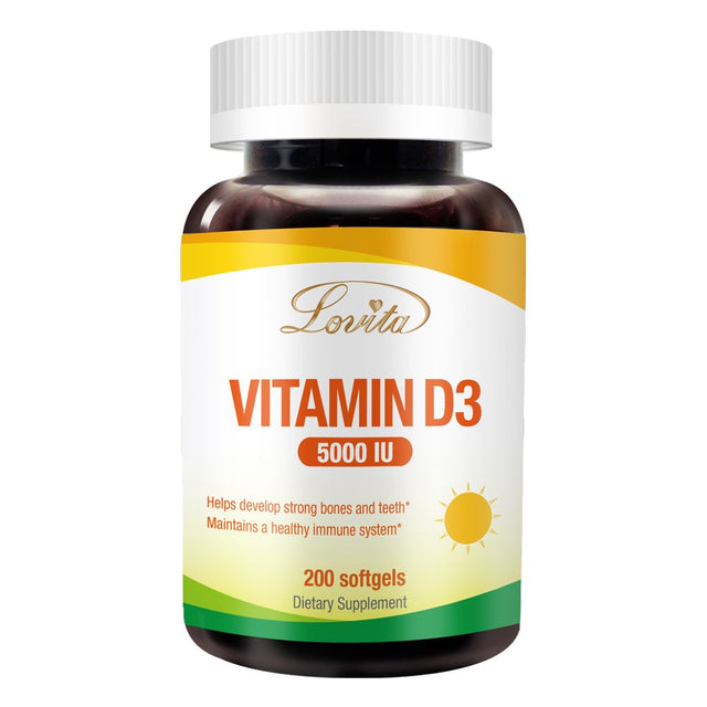 Lovita Vitamin D3 5000 IU to Boost Immune Support, Help Calcium Absorption, Support Healthy Teeth, Bone & Brain Development, 200 Softgel of Vitamin D3 Supplements for 200 Days Supply