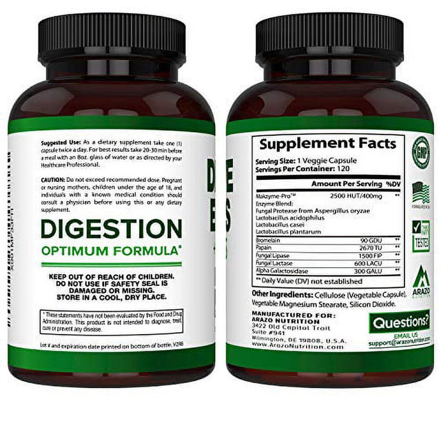 Digestive Enzymes with Probiotics - Multi Enzyme Nutritional Supplement - Acidophilus Bromelain Papaya Papain Lipase & Lactase - Improve Digestion - 120 Pills - Arazo Nutrition