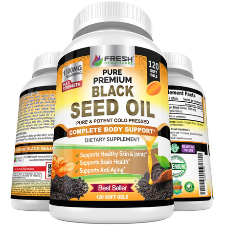 Black Seed Oil Pills Cold Pressed 1300Mg per Serving, 100% Pure & Premium Non-Gmo Nigella Sativa Black Cumin Seed Oil, Supports Immune System, Joint & Skin Health - 120 Liquid Softgel Capsules