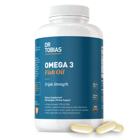 Dr. Tobias Omega 3 Fish Oil, 800 Mg EPA 600 Mg DHA Omega 3 Supplement for Heart, Brain & Immune Support, Absorbable Triple Strength Fish Oil Supplements - 2000 Mg per Serving, 90 Servings