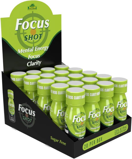 Focus Shot by Alfa Vitamins - Natural Bacopa Extract, Rhodiola Supports Focus & Memory, Ready to Drink, Natural Energy - 2.5Oz Bottle - 20 Pack