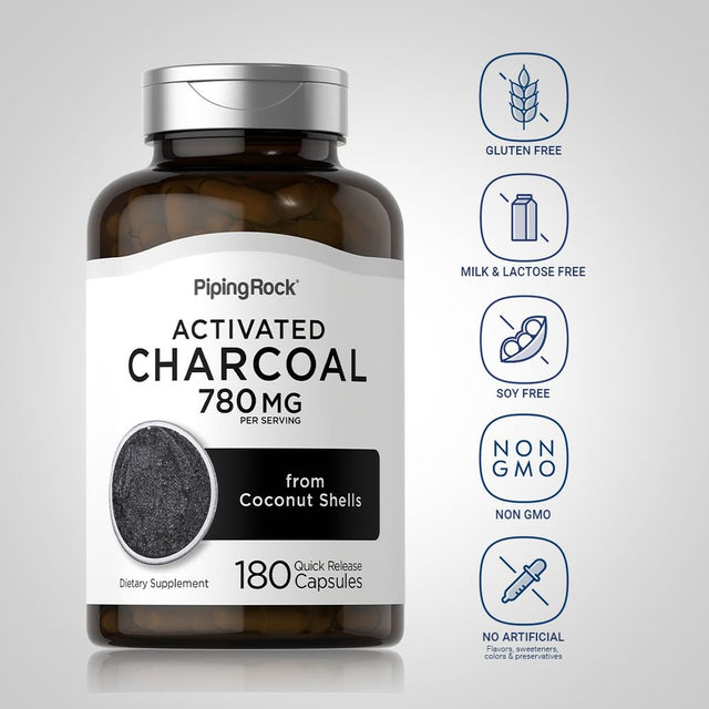 Charcoal Pills 780Mg | 180 Capsules | Activated Charcoal from Coconut Shells | Non-Gmo, Gluten Free Supplement | by Piping Rock