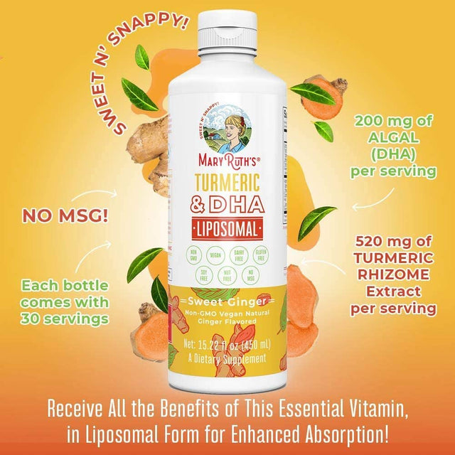 Maryruth Organics | Turmeric & DHA Liposomal | Enhanced Absorption | Mood Balance and Joint Support | Sweet Ginger | Vegan | 15.22 Fl Oz / 450Ml