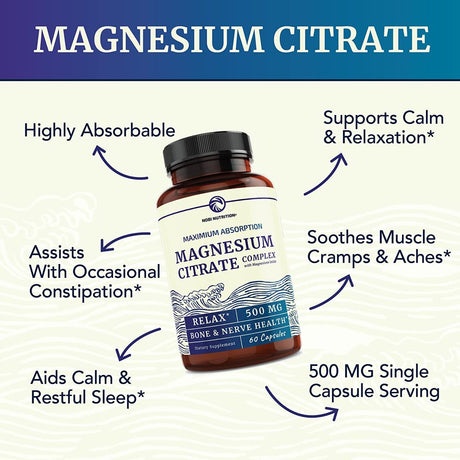 Magnesium Citrate Complex 500 MG for Calm, Relaxation, Constipation & Digestion Health Support Supplement , High Absorption Formula with Elemental Magnesium Oxide , Non-Gmo, Soy-Free , 60Ct Citrate 60Ct