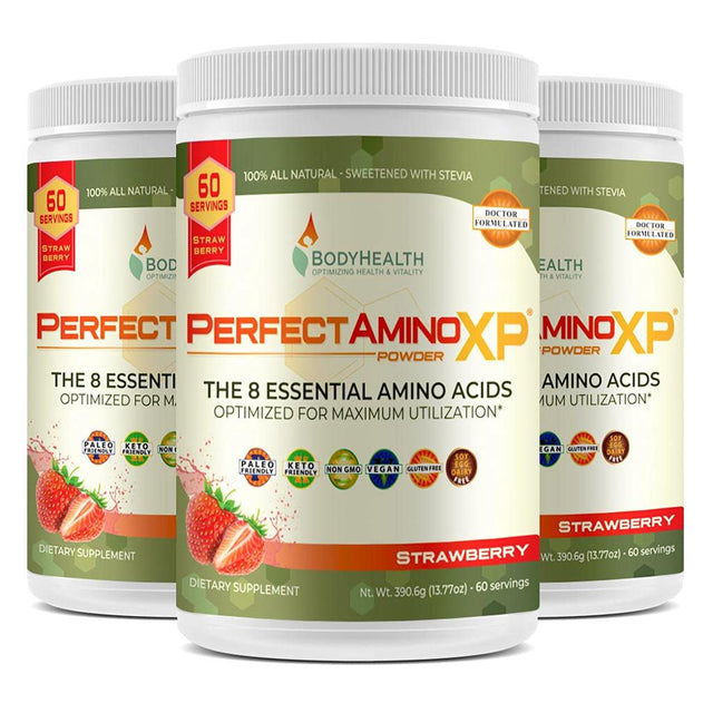 Bodyhealth Perfectamino XP Strawberry (60 Serving) Best Pre/Post Workout Recovery Drink, 8 Essential Amino Acids Energy Supplement with 50% Bcaas, 100% Organic, 99% Utilization