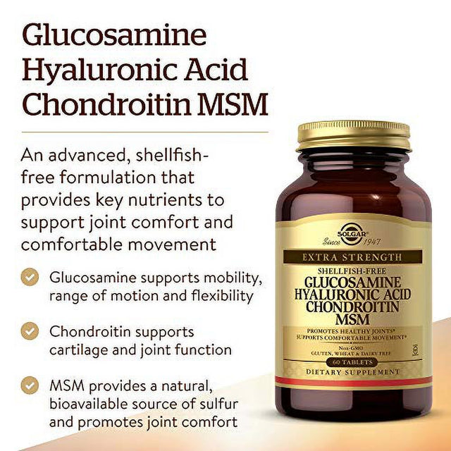 Solgar Glucosamine Hyaluronic Acid Chondroitin MSM (Shellfish-Free), 60 Tablets - Joint Support & Comfort - Supports Active Lifestyles - Non-Gmo, Gluten Free, Dairy Free - 20 Servings