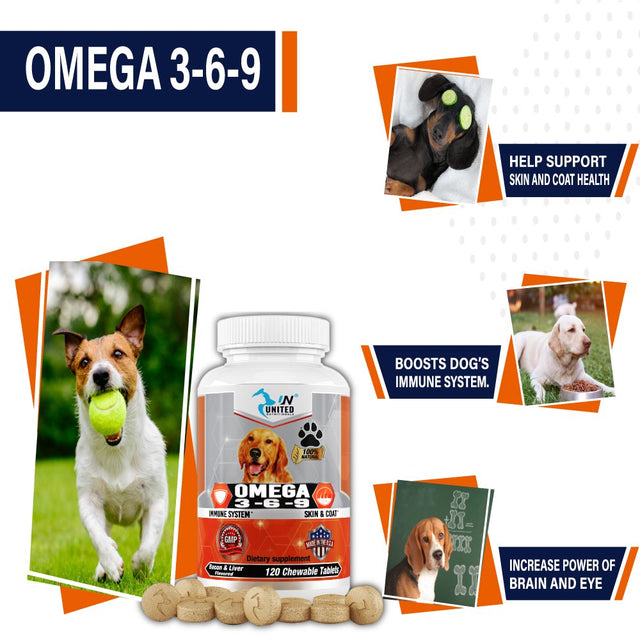 Omega 3 6 9 for Dogs,Dha EPA Fatty Acids, Brain Health, Shiny Coat, Itchy and Dry Skin Relief, Immune System Support, anti Inflammatory - 60 Natural Chew-Able Tablets.