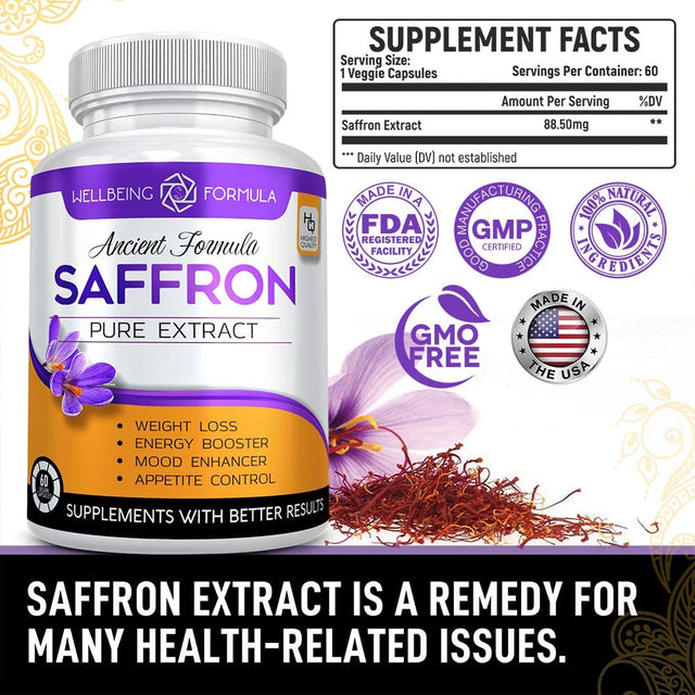 Pure Saffron Extract for Healthy Weight Loss-Natural Appetite Suppression Pills Booster Saffron Supplement -Hunger Suppressant for Women and Men-Saffron Capsules