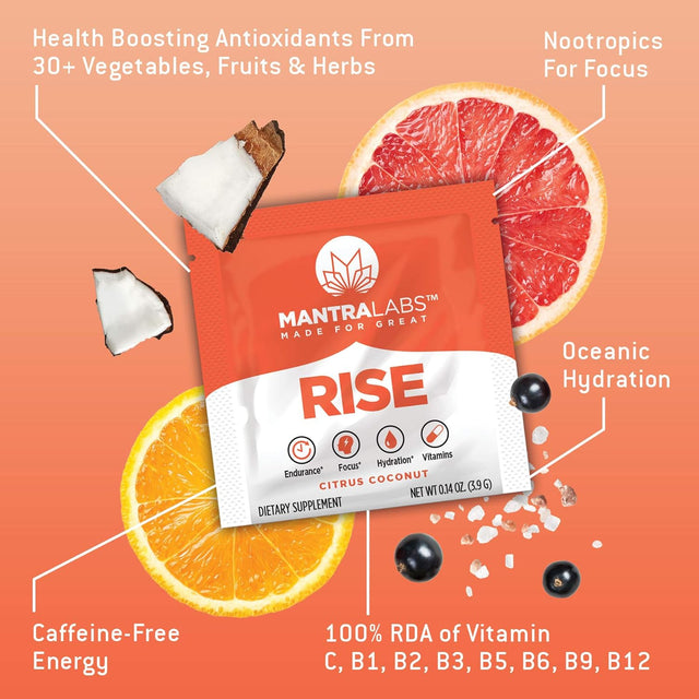 RISE Hydration Drink | Keto Friendly Nootropic Hydration Powder Packets with Vitamins & Antioxidants. Focus, Energy, 0 Caffeine | Paleo Diet Friendly | Citrus Coconut 10 Pack by MANTRA Labs