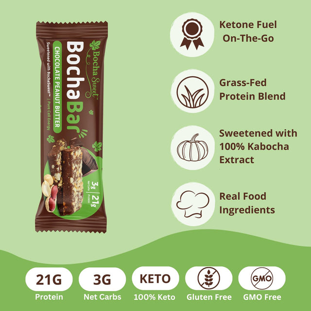 Bochasweet Keto Protein Bar, Chocolate Peanut Butter Bochabar, 21G Grass Fed Collagen, Low Carb, Keto-Friendly, Gluten Free, 12 Count