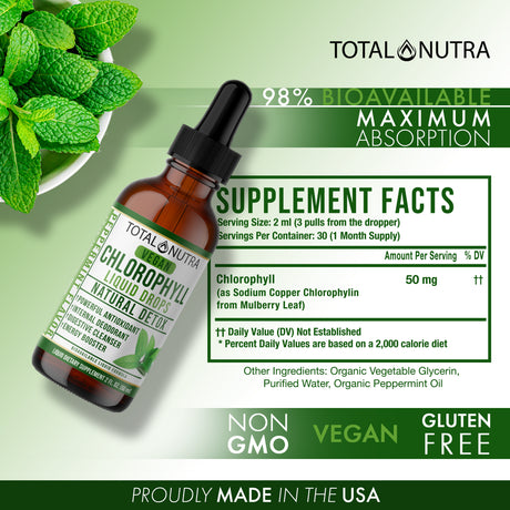 Total Nutra Mint Flavored Liquid Chlorophyll Drops – Helps to Eliminate Body Odor, Liver Detox- Immune Support - Vegan Drop from Mulberry Leaves - 2 Oz.