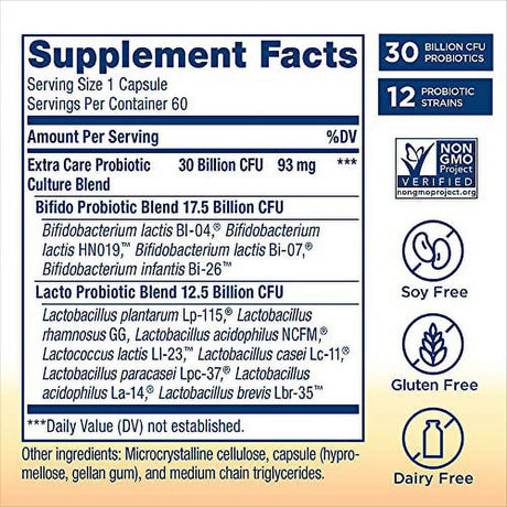 Renew Life Adult Probiotics 30 Billion CFU Guaranteed, 12 Strains, for Men & Women, Shelf Stable, Gluten Dairy & Soy Free, Ultimate Flora Extra Care, 60 Count, Pack of 1