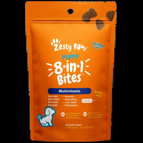 Zesty Paws Puppy 8-In-1 Multivitamin Bites, Overall Wellbeing for Puppies, Chicken Flavor, 60 Count Soft Chews