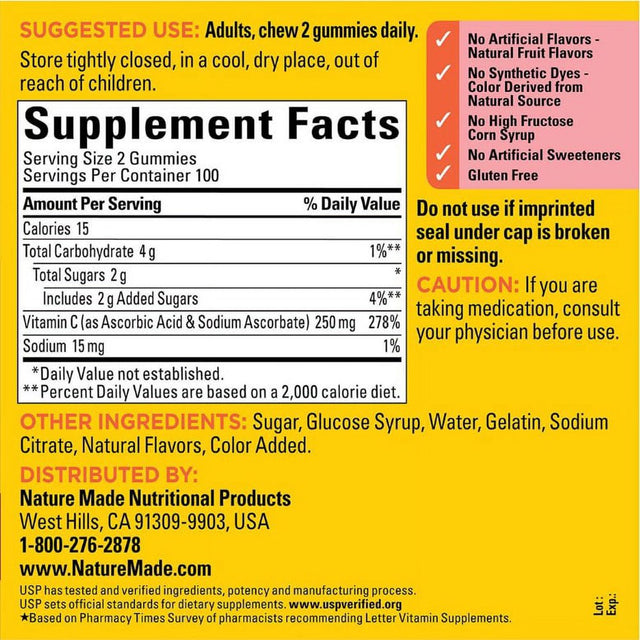 Nature Made Adult Gummies 200 CT Vitamin C Dietary Supplement, Orange