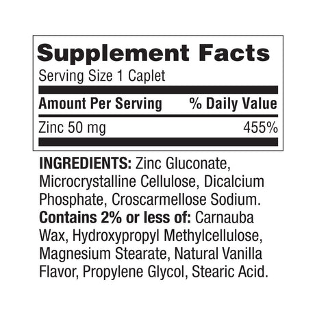 Spring Valley Zinc Immune Health Dietary Supplement Caplets, 50 Mg, 200 Count