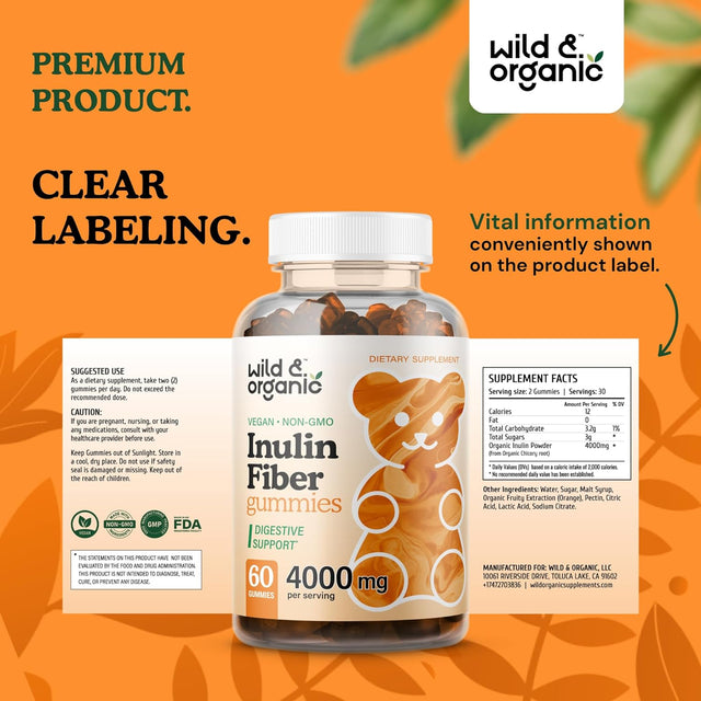 Wild & Organic Inulin Fiber Gummies - Inulin Fiber Supplement Gummies for Digestion Health - Prebiotic Fiber Gummies for Adults from Organic Chicory Root - Vegan, 4000Mg, 60 Chews