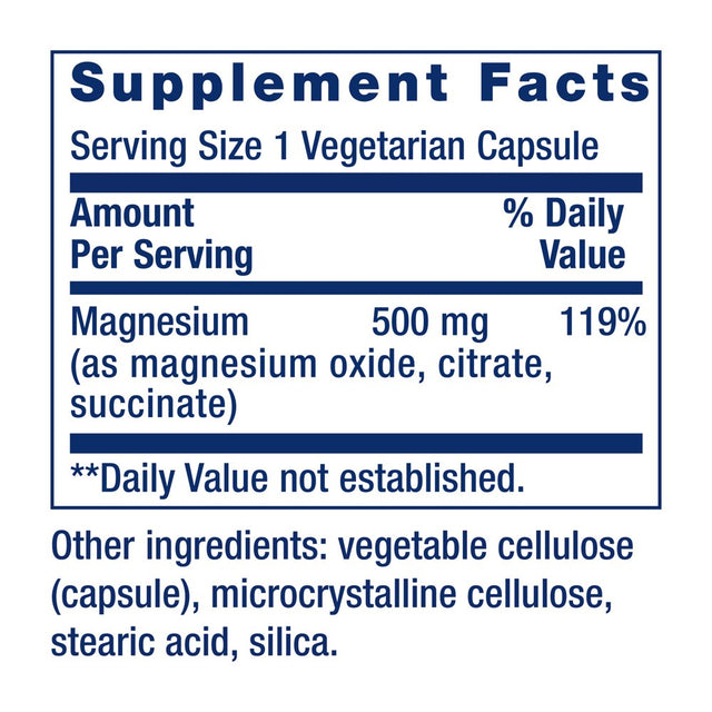 Life Extension Magnesium Caps, 500 Mg, Magnesium Oxide, Magnesium Citrate, Magnesium Succinate, Heart Health, Healthy Bones, Metabolism Support, 100 Vegetarian Capsules