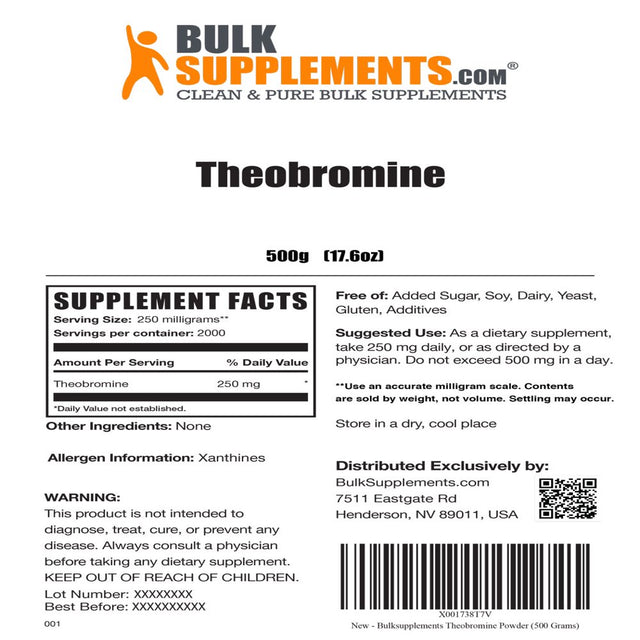 Bulksupplements.Com Theobromine Powder - Pre-Workout Powder - Thermogenic Fat Burner for Men - Thermogenic Fat Burner for Women (500 Grams)