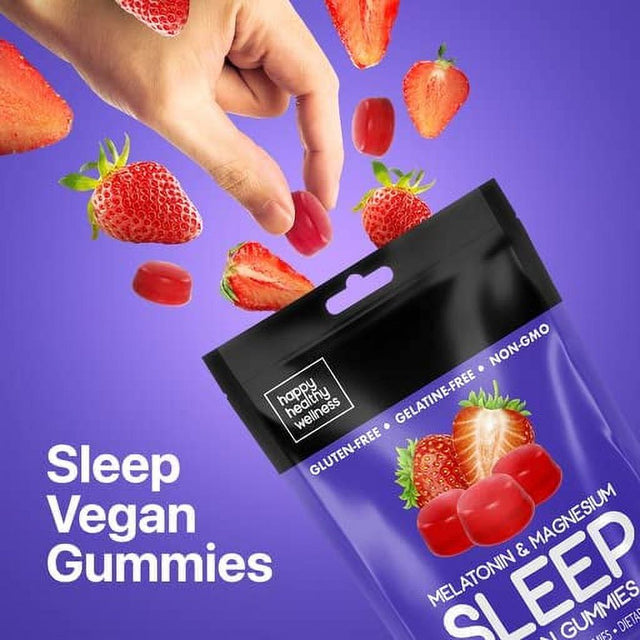 Happy Healthy Wellness Melatonin & Magnesium Sleeping Gummies, Vegan, Gluten & Gelatin Free Natural Flavor Gummy for Sleep Support, Dream Supplement, Strawberry