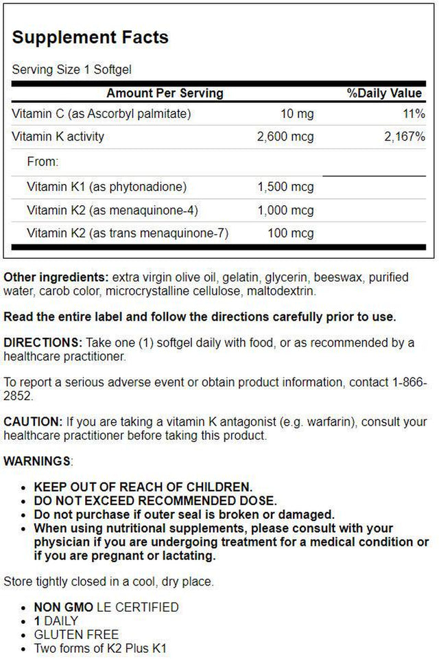 Life Extension Super K, Vitamin K1, Vitamin K2 Mk-7, Vitamin K2 Mk-4, Vitamin C, Bone Health, Heart Health, Arterial Health, 3-Month Supply, Gluten-Free, 1 Daily, Non-Gmo, 90 Softgels