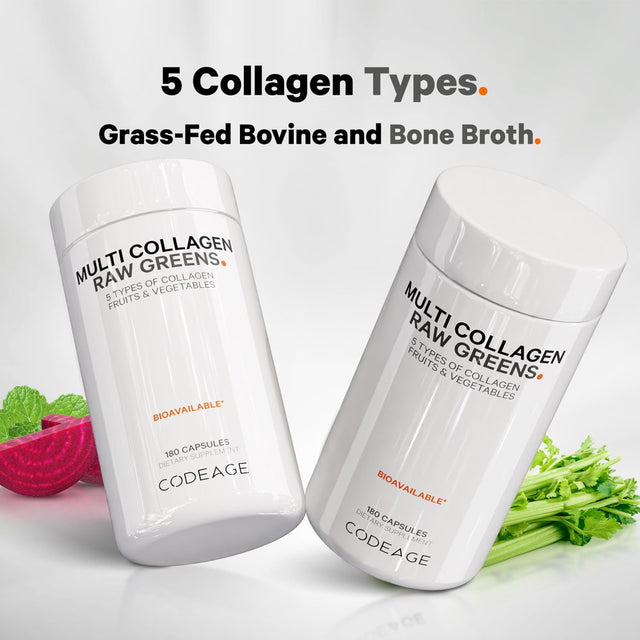 Codeage Multi Collagen Raw Greens, 5 Types Collagen Peptides Capsules, Organic Fruits & Vegetables, 180 Ct