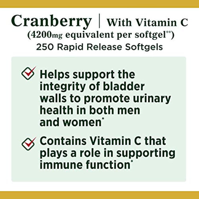 Cranberry Pills W/ Vitamin C by Natures Bounty, Supports Urinary & Immune Health, 4200Mg Cranberry Supplement, 250 Softgels