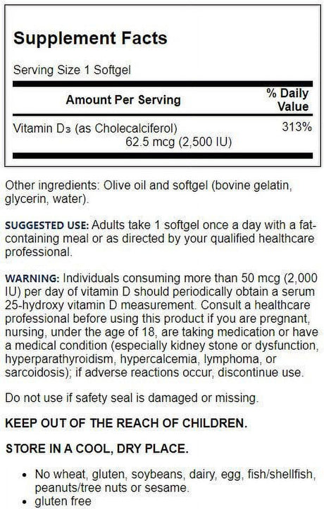 Jarrow Formulas, Inc. Vitamin D3 Ultra Strength 62.5 Mcg (2,500 Iu) 100 Sgels