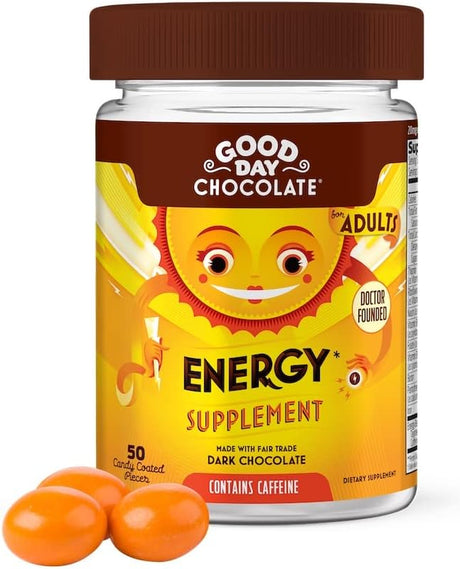 Good Day Chocolate Energy Supplements for Adults [50 Count] Fair Trade Caffeine Chocolate with B-Vitamins, Green Tea Extracts and 20 Mg Caffeine per Piece - Energy Booster for Women and Men