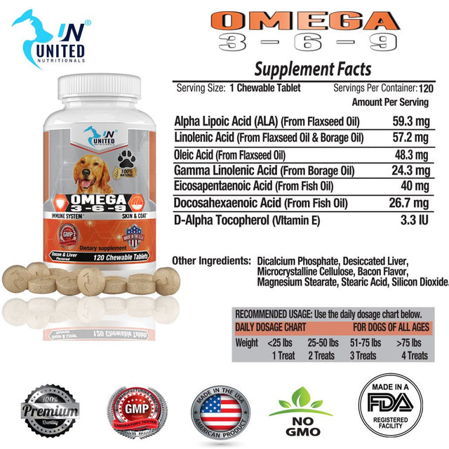 Omega 3 6 9 for Dogs,Dha EPA Fatty Acids, Brain Health, Shiny Coat, Itchy and Dry Skin Relief, Immune System Support, anti Inflammatory - 60 Natural Chew-Able Tablets.