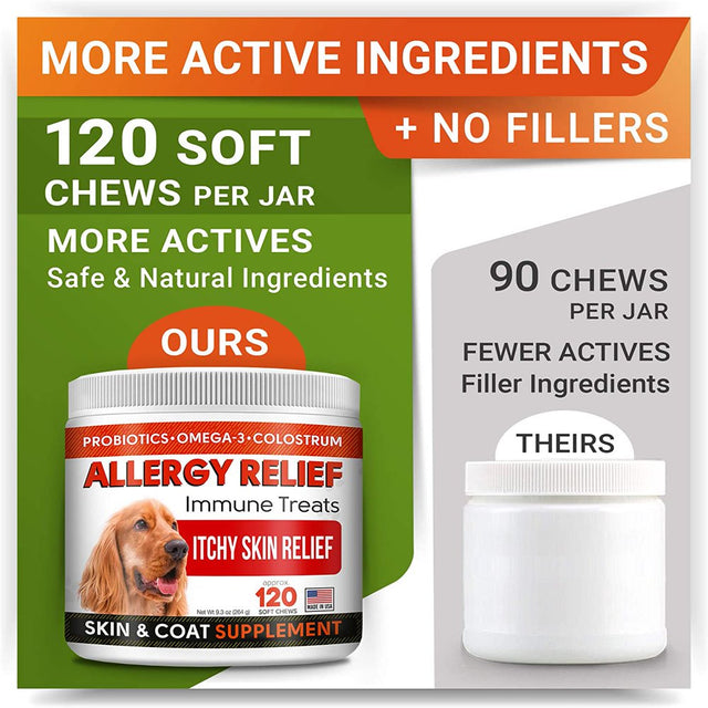 Allergy Relief Dog Treats W/ Omega 3 + Pumpkin + Enzymes + Turmeric - Itchy Skin Relief - Immune & Digestive Supplement - Skin & Coat Health - Anti-Itch & Hot Spots - Made in USA - 120 Chews