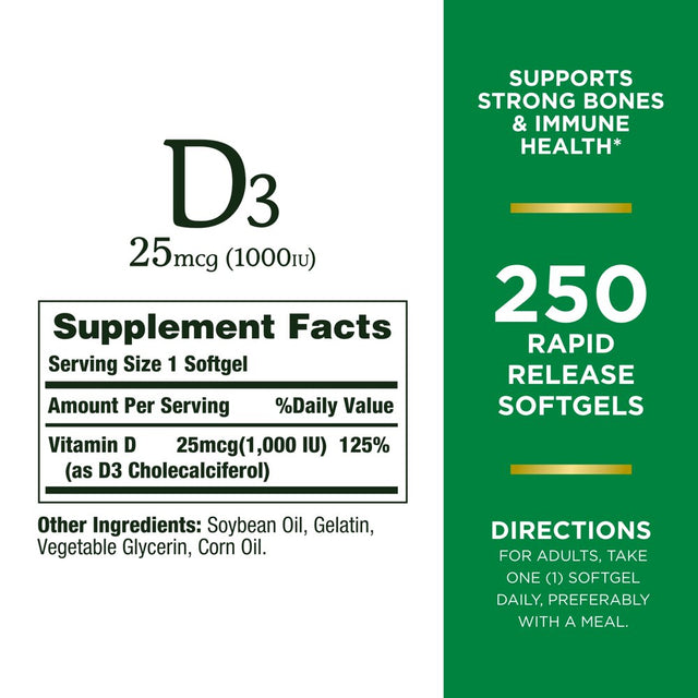 Nature’S Bounty Vitamin D3 Rapid Release Softgels, 1000 IU, 250 Count