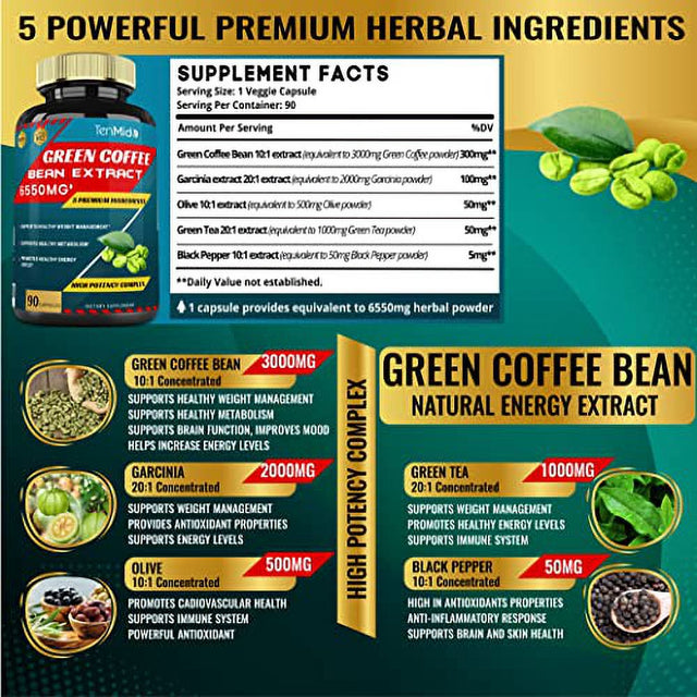 Tenmid Green Coffee Bean Extract 6550Mg 90 Capsules Garcinia, Olive, Green Tea, Kidney, Pepper