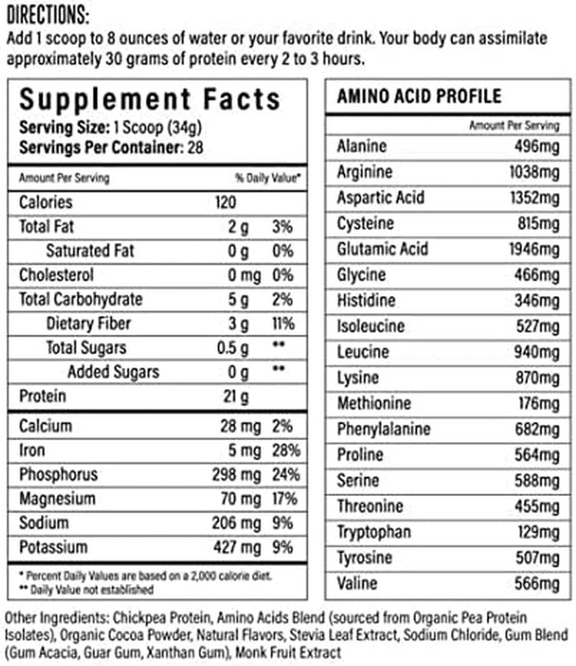 Sport Formula Chickpea Protein Powder, Organic and Vegan Plant Based Protein, All Natural Protein Powder with Essential Amino Acids, Chocolate Flavor, Only 2 Net Carbs with 21 Grams Protein