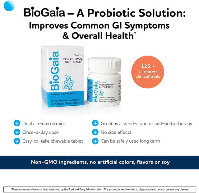 Biogaia Gastrus Chewable Tablets, Adult Probiotic Supplement for Stomach Discomfort, Constipation, Gas, Bloating, Regularity, Non-Gmo, 30 Tablets, 2 Pack