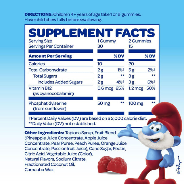 The Smurfs Nootropic Gummies for Kids | Vitamin B12 & L-Theanine | Memory and Focus, Unisex | 30 Ct