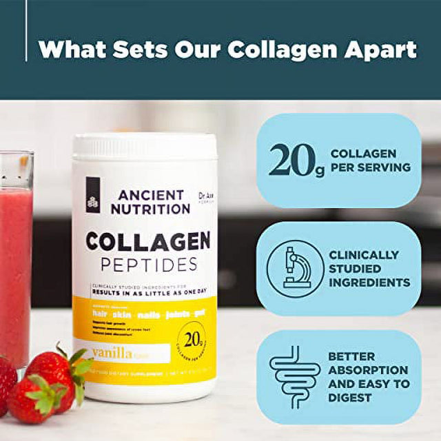 Collagen Peptides by Ancient Nutrition, Collagen Peptides Powder, Vanilla Hydrolyzed Collagen, Supports Healthy Skin, Joints, Gut, Keto and Paleo Friendly, 12 Servings, 20G Collagen per Serving