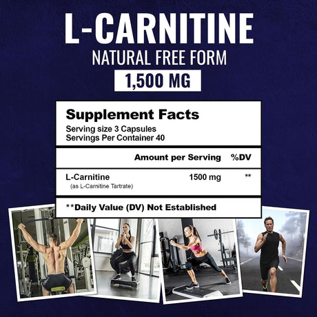 Premium L-Carnitine Tartrate Supplement - 1500Mg - Utilize Fat for Energy with Tartrate, Lean Muscle Gain, Boost Natural Energy, Support Metabolism & Fatigue, 120 Non-Gmo Pure L Carnitine Capsules