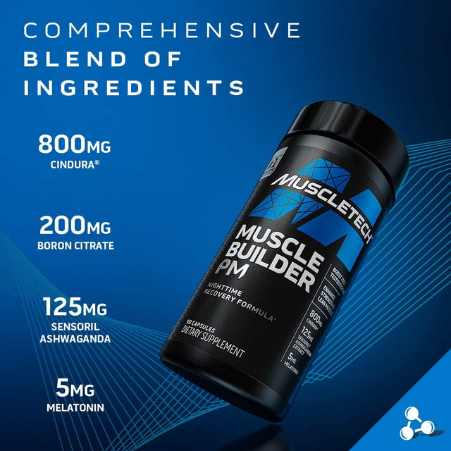 Muscle Builder PM, Muscletech Nighttime Post Workout Recovery Formula, Testosterone Booster for Men + Enhance Strength & Lean Muscle, 5Mg Melatonin Sleep Supplement, Decrease Estradiol, 90 Count