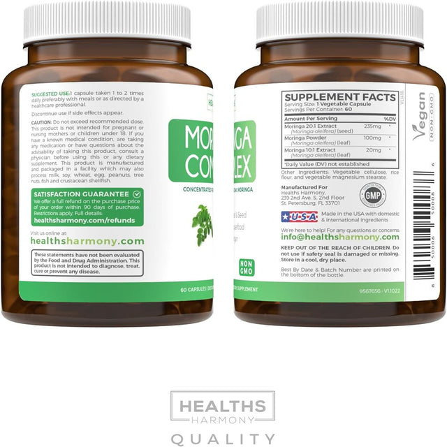 Healths Harmony Moringa Complex (Non-Gmo) - Moringa Superfood Powder Extract - Oleifera Fruit, Nut & Seed Extract - 60 Capsules