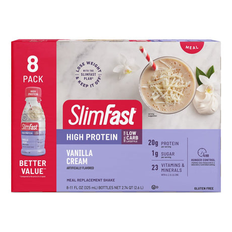 Slimfast High Protein Shake Meal Replacement Shake, Vanilla Cream, 11 Fl Oz Bottle, 8 Pack