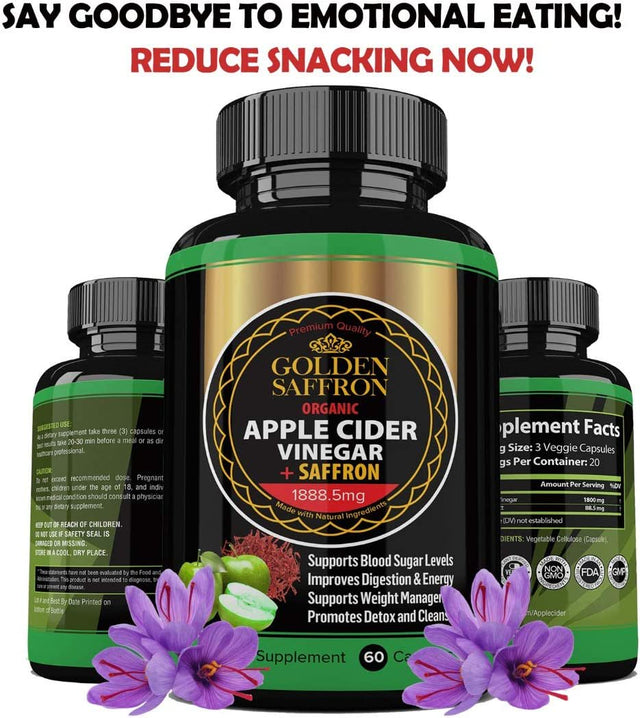 Golden Saffron 100% Organic Apple Cider Vinegar Pills 1800 Mg plus 88.8 Saffron Extract - 2 in 1 Supplement, Natural Digestion, Immune Booster Support & Cleansing Supplement with Probiotics