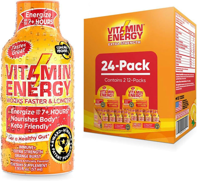 Vitamin Energy Extra Strength Energy Drink Shots | Natural Nutrients to Energize & Support Immune System | Sugar & Carb-Free | Immunity Formula | up to 7+ Hours | Orange Burst- 1.93 Fl Oz- Pack of 24