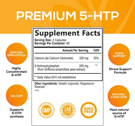 5-HTP Capsules 200 Mg 5HTP plus Calcium for Calm and Mood Support - Extra Strength 5 HTP - 5 Hydroxytryptophan Supplement - Premium, Natural, Gluten Free, and Non-Gmo - 120 Vegetarian Capsules