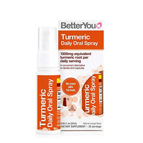 Betteryou Turmeric Oral Spray Vegan Turmeric Curcumin Supplement | Daily Multivitamin Liquid Spray | 1,300 Mg Equivalent Turmeric Root per Dose | 0.85 Fl Oz