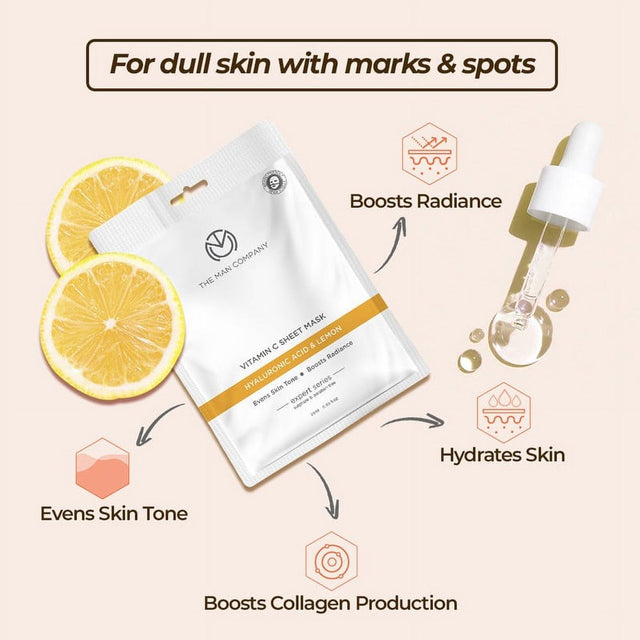 The Man Company Vitamin C Sheet Mask with Hyaluronic Acid & Lemon | Boosts Collagen, Brightening | Improves Skin Tone, Deep Cleanses & Removes Excess Oil - 25Ml*2