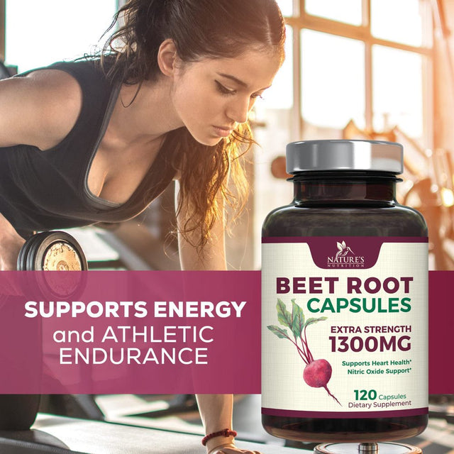 Beet Root Capsules - 1300Mg Extra Strength, Natural Beetroot Powder Extract - Nitric Oxide Supports Heart Health, Endurance & Energy - Vegan Herbal Extract Supplement - Nongmo - 120 Capsules