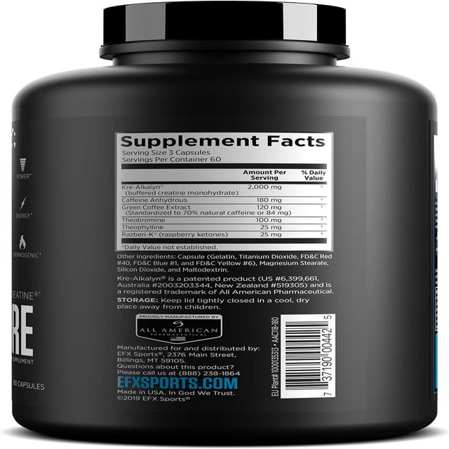 EFX Sports Kre-Alkalyn Hardcore , Thermogenic Ph Correct Creatine Monohydrate Pill Supplement , Energy & Strength Pre Workout , 60 Servings, 180 Capsules 180 Count (Pack of 1)