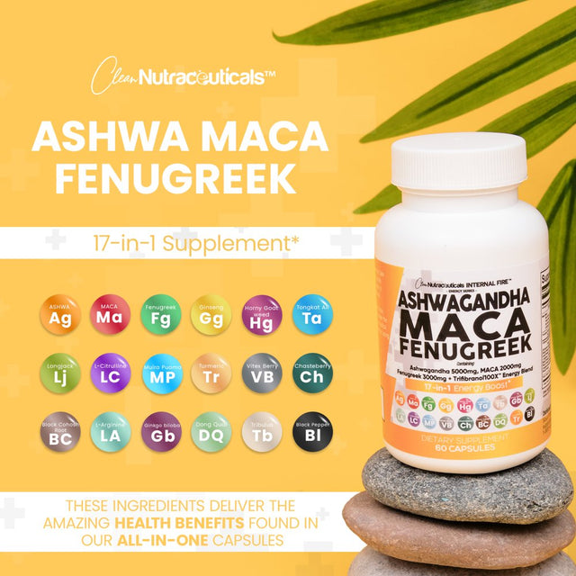 Ashwagandha 5000Mg Maca Root 2000Mg Fenugreek 3000Mg Supplement with Tongkat Ali Ginseng - Assists Stress, Mood & Thyroid Health Capsules Pills Caps USA 60 Count