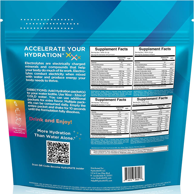 Hydromate Electrolytes Powder Drink Mix Packets Hydration Accelerator Low Sugar Rapid Party Recovery plus Vitamin C Variety Pack 30 Count